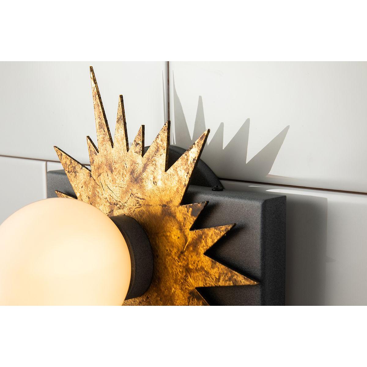 Lucas & McKearn Soleil 1-Light Weathered Zinc and Antique Gold Leaf Star-Shaped Wall Light With Sanded Glass Globe Shade