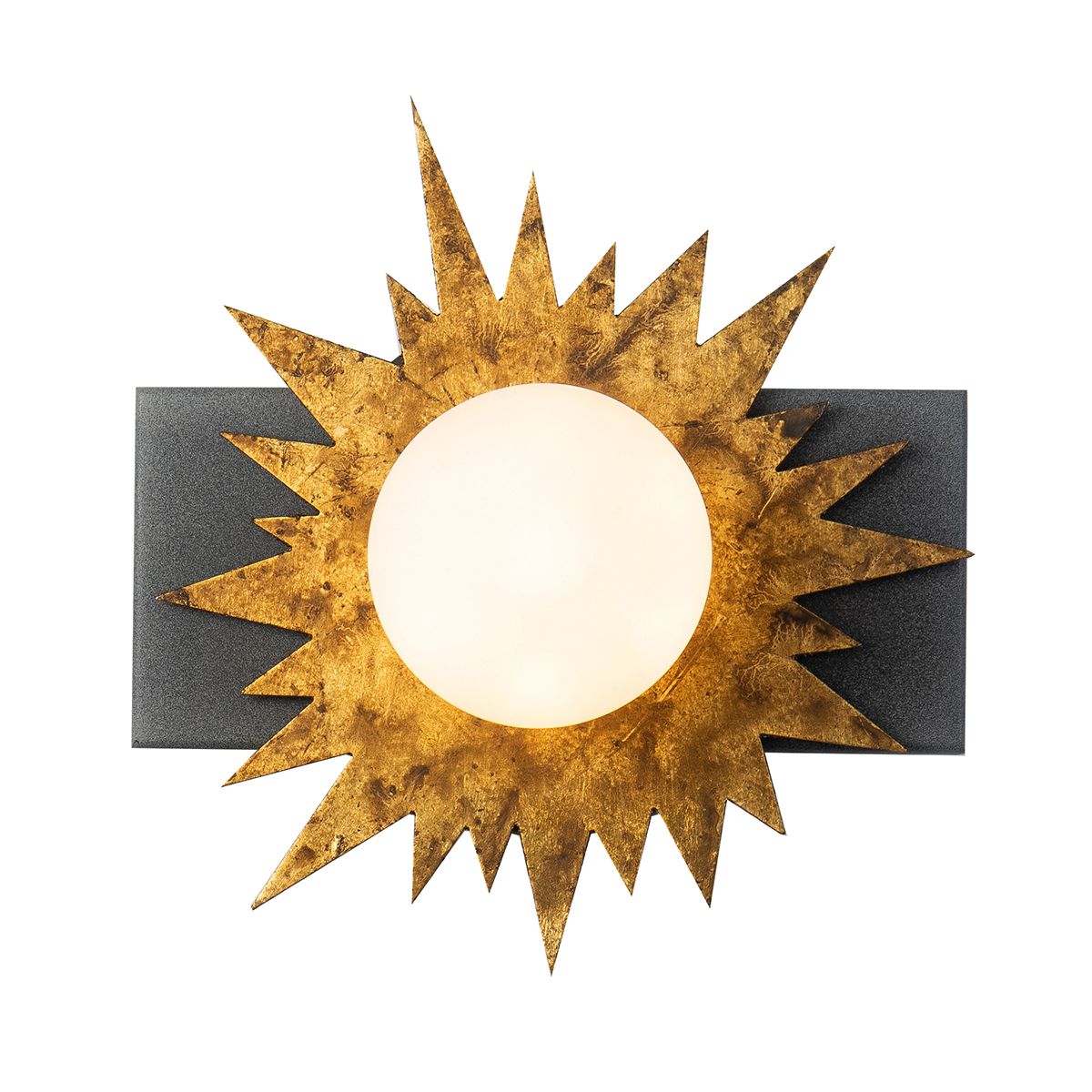 Lucas & McKearn Soleil 1-Light Weathered Zinc and Antique Gold Leaf Star-Shaped Wall Light With Sanded Glass Globe Shade
