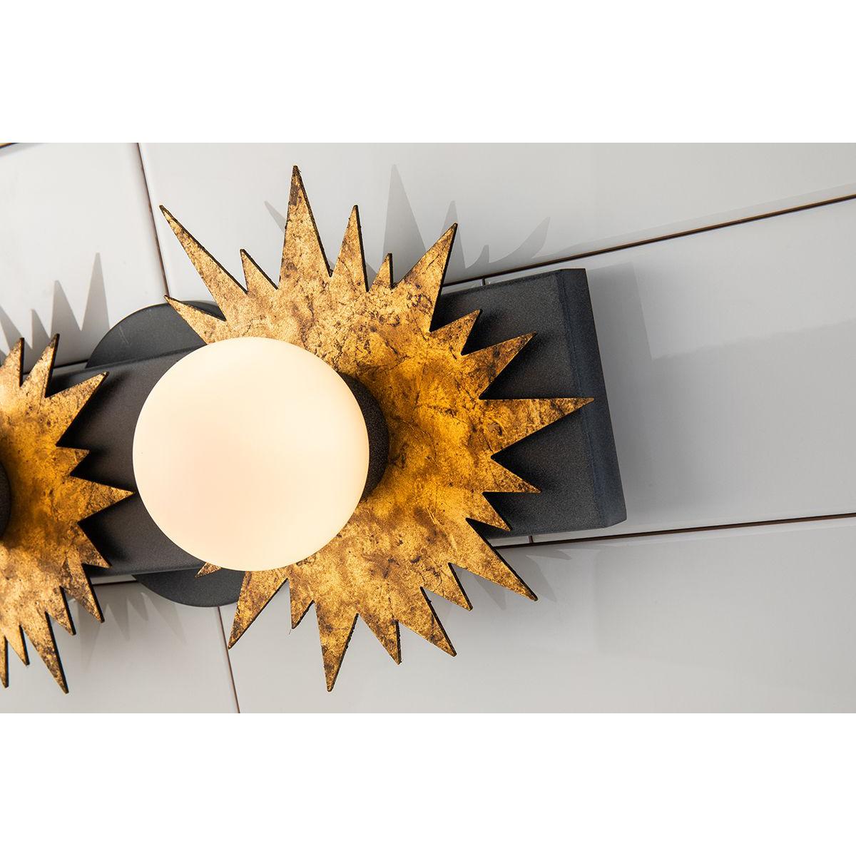 Lucas & McKearn Soleil 2-Light Weathered Zinc and Antique Gold Leaf Star-Shaped Wall Light With Sanded Glass Globe Shade