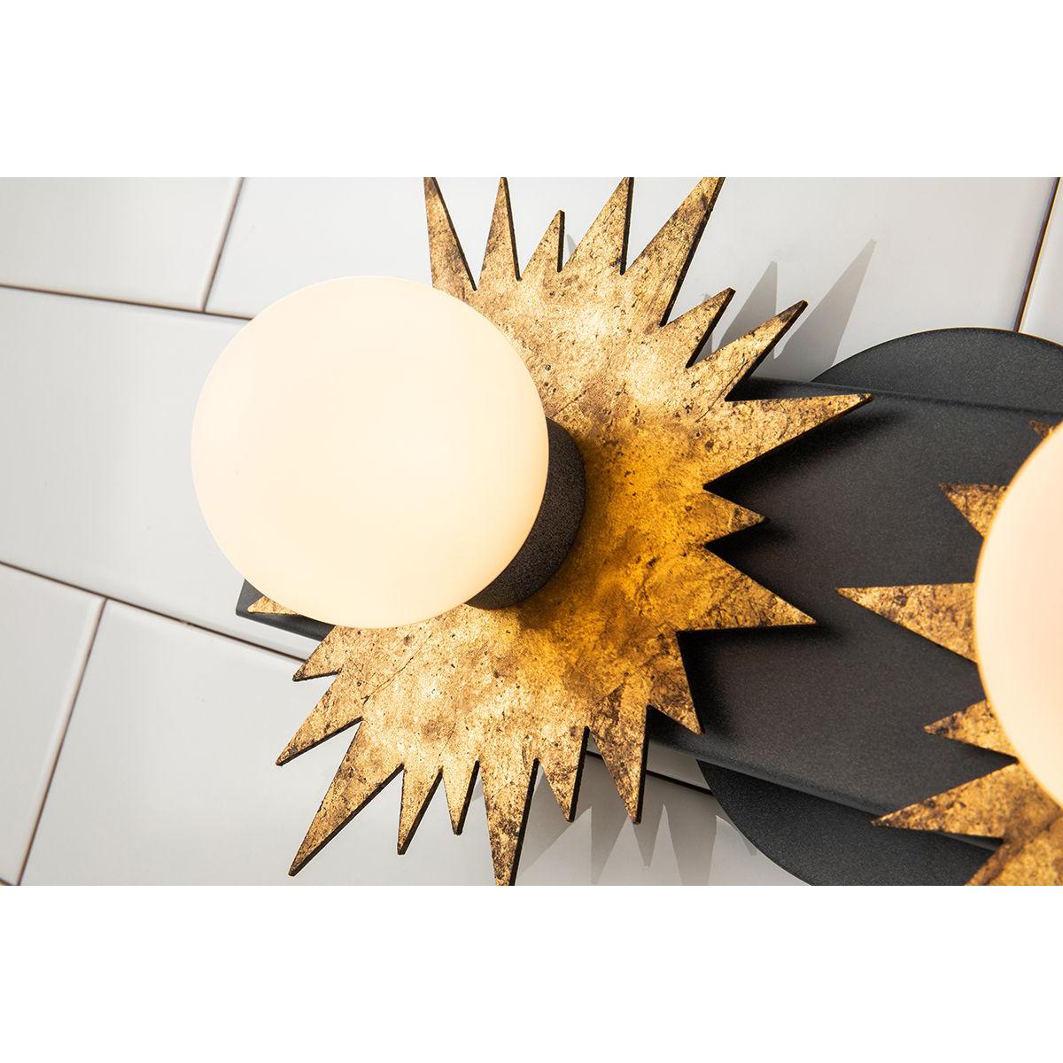 Lucas & McKearn Soleil 2-Light Weathered Zinc and Antique Gold Leaf Star-Shaped Wall Light With Sanded Glass Globe Shade