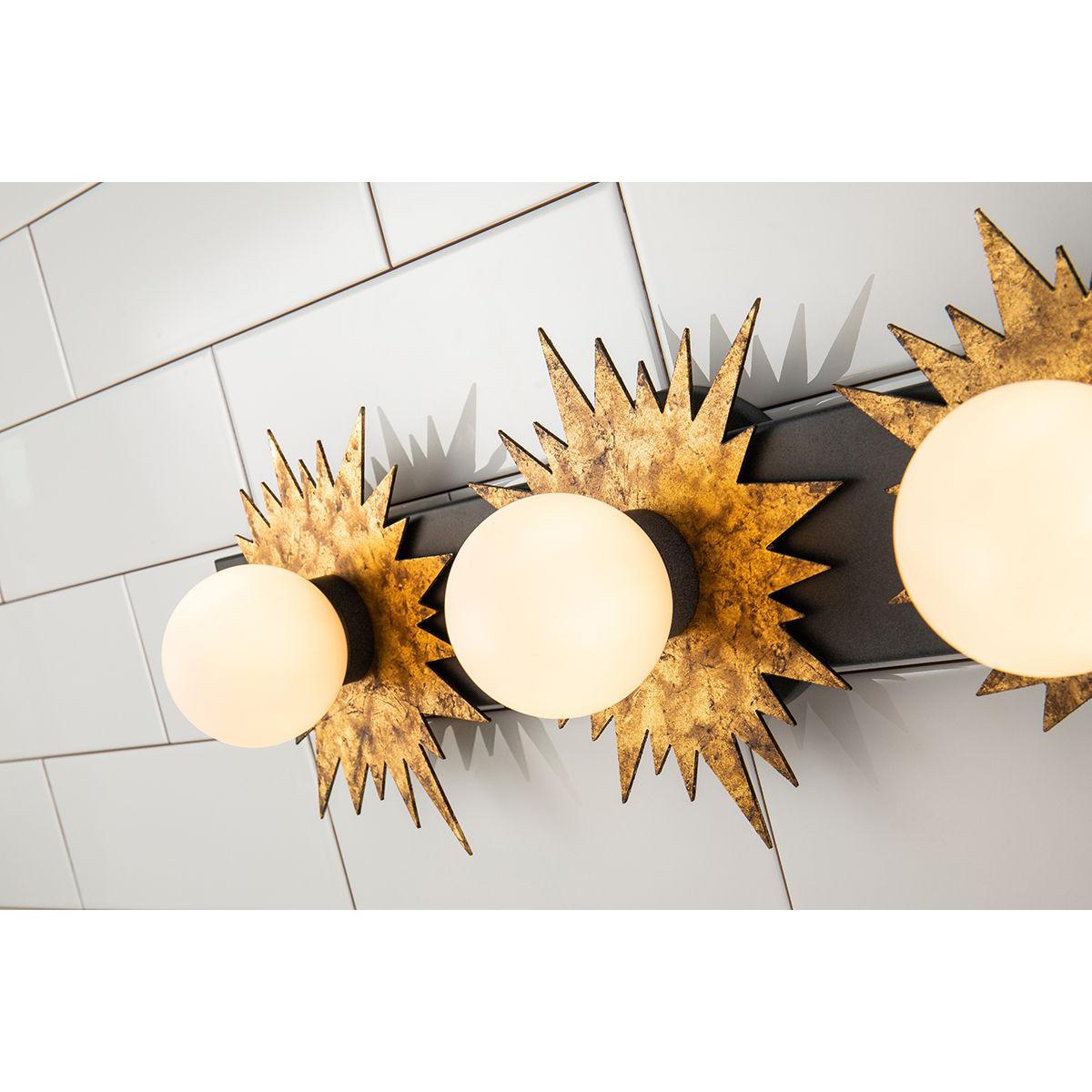 Lucas & McKearn Soleil 3-Light Weathered Zinc and Antique Gold Leaf Star-Shaped Wall Light With Sanded Glass Globe Shade