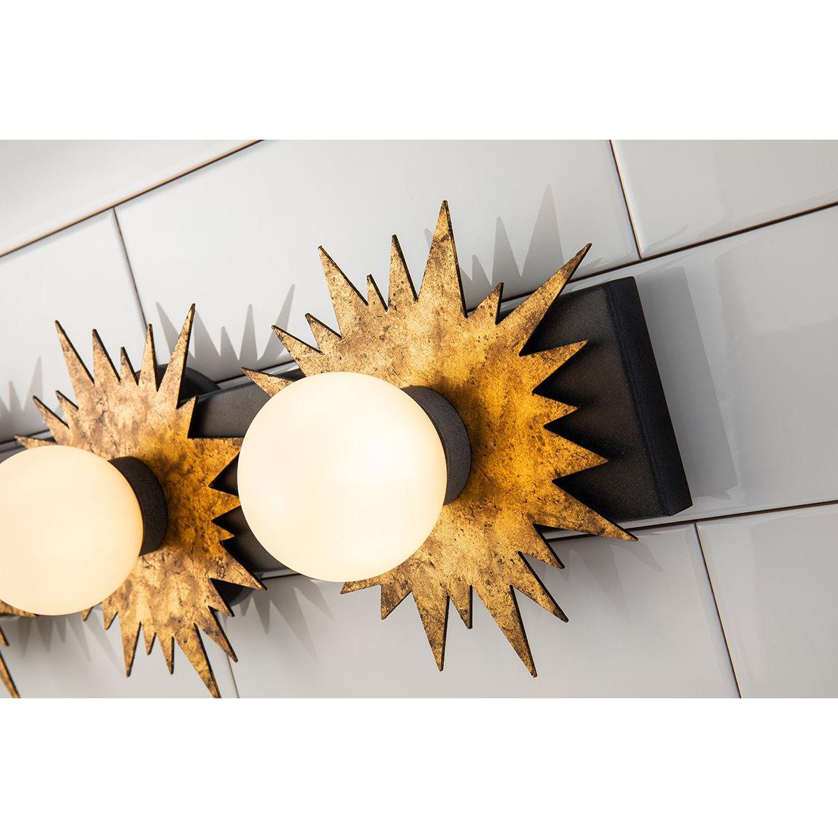 Lucas & McKearn Soleil 3-Light Weathered Zinc and Antique Gold Leaf Star-Shaped Wall Light With Sanded Glass Globe Shade