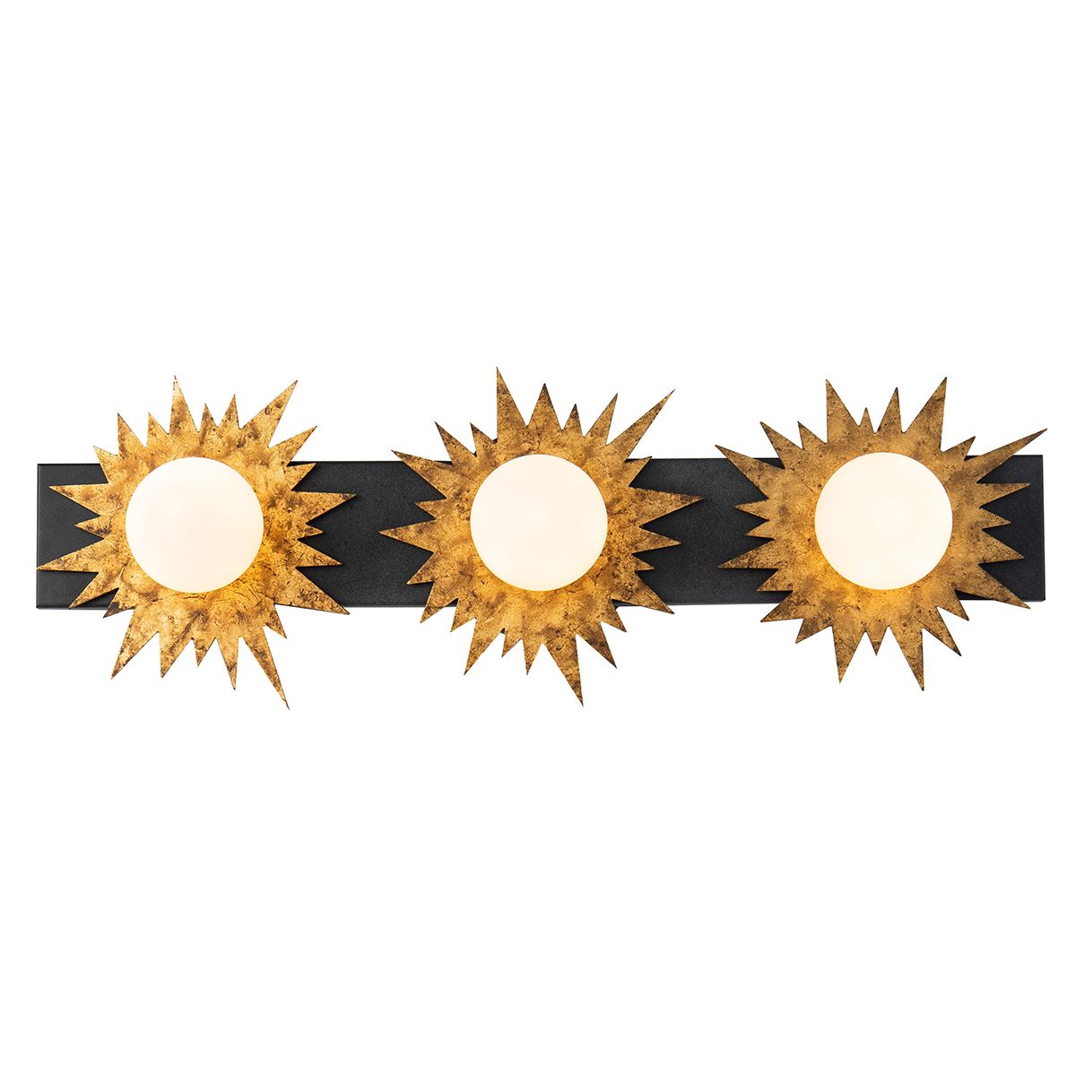 Lucas & McKearn Soleil 3-Light Weathered Zinc and Antique Gold Leaf Star-Shaped Wall Light With Sanded Glass Globe Shade