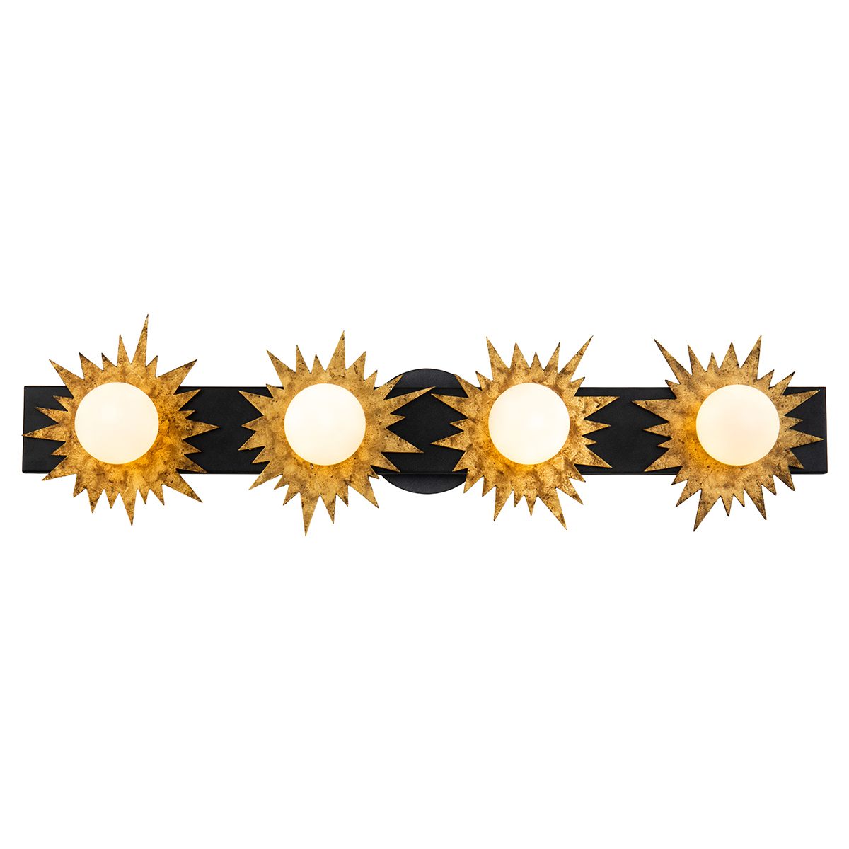 Lucas & McKearn Soleil 4-Light Weathered Zinc and Antique Gold Leaf Star-Shaped Wall Light With Sanded Glass Globe Shade