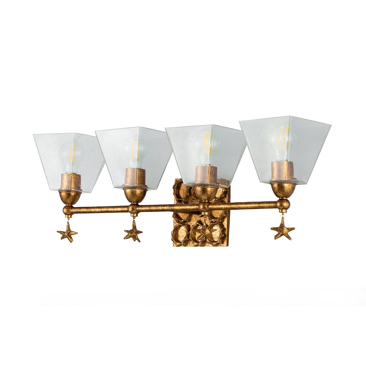 Lucas & McKearn Star 4-Light Antique Gold Leaf Bar Light With Water Glass Shade and Star Gold Accent