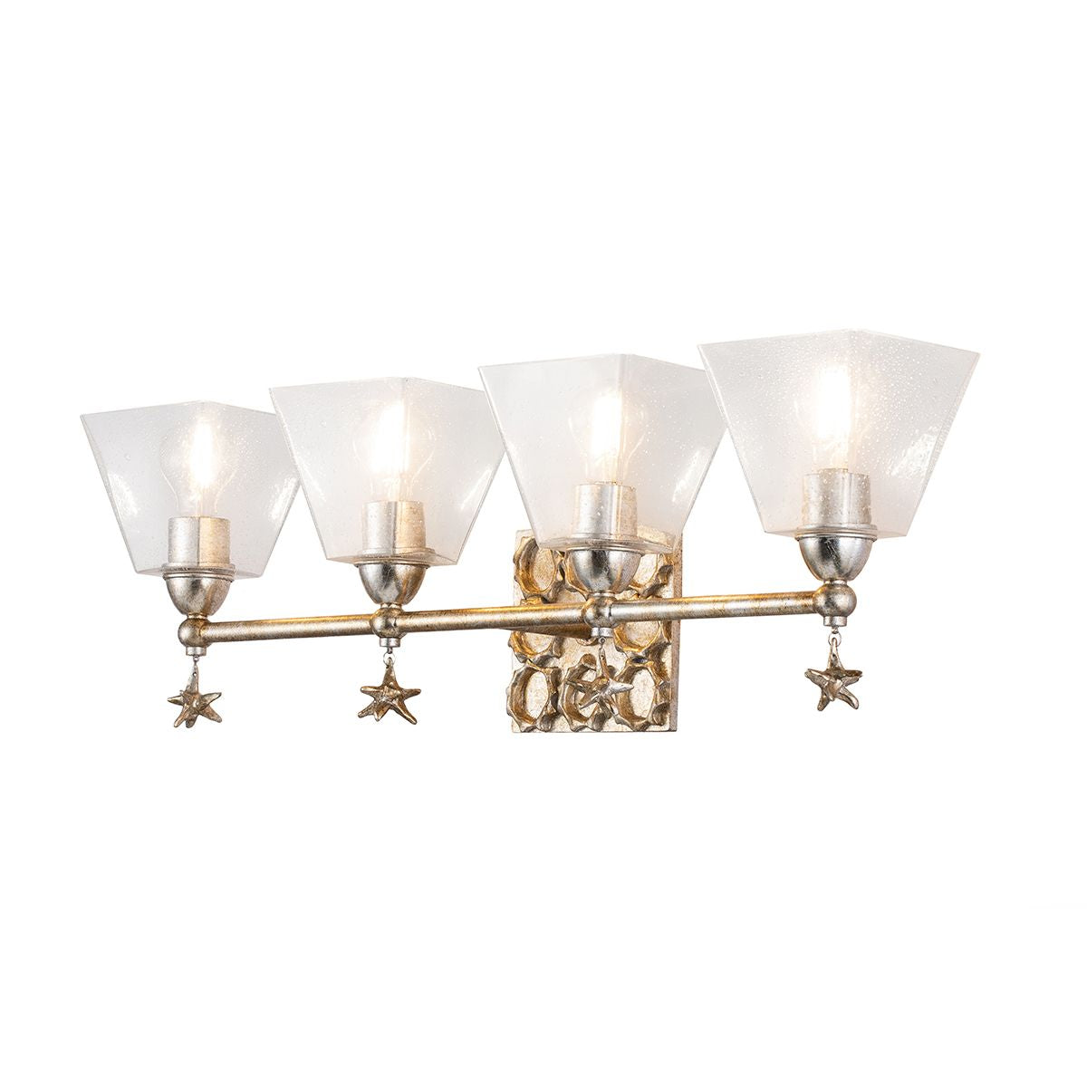 Lucas & McKearn Star 4-Light Antique Silver Leaf Bar Light With Water Glass Shade and Star Gold Accent