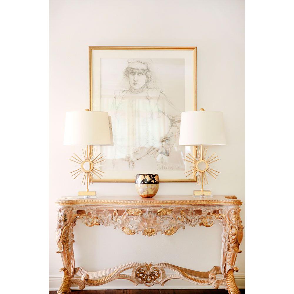 Lucas & McKearn Sun King 31" Gold Buffet Table Lamp With Cream Fabric Drum Shade and Quartz Points On Crystal Glass Base