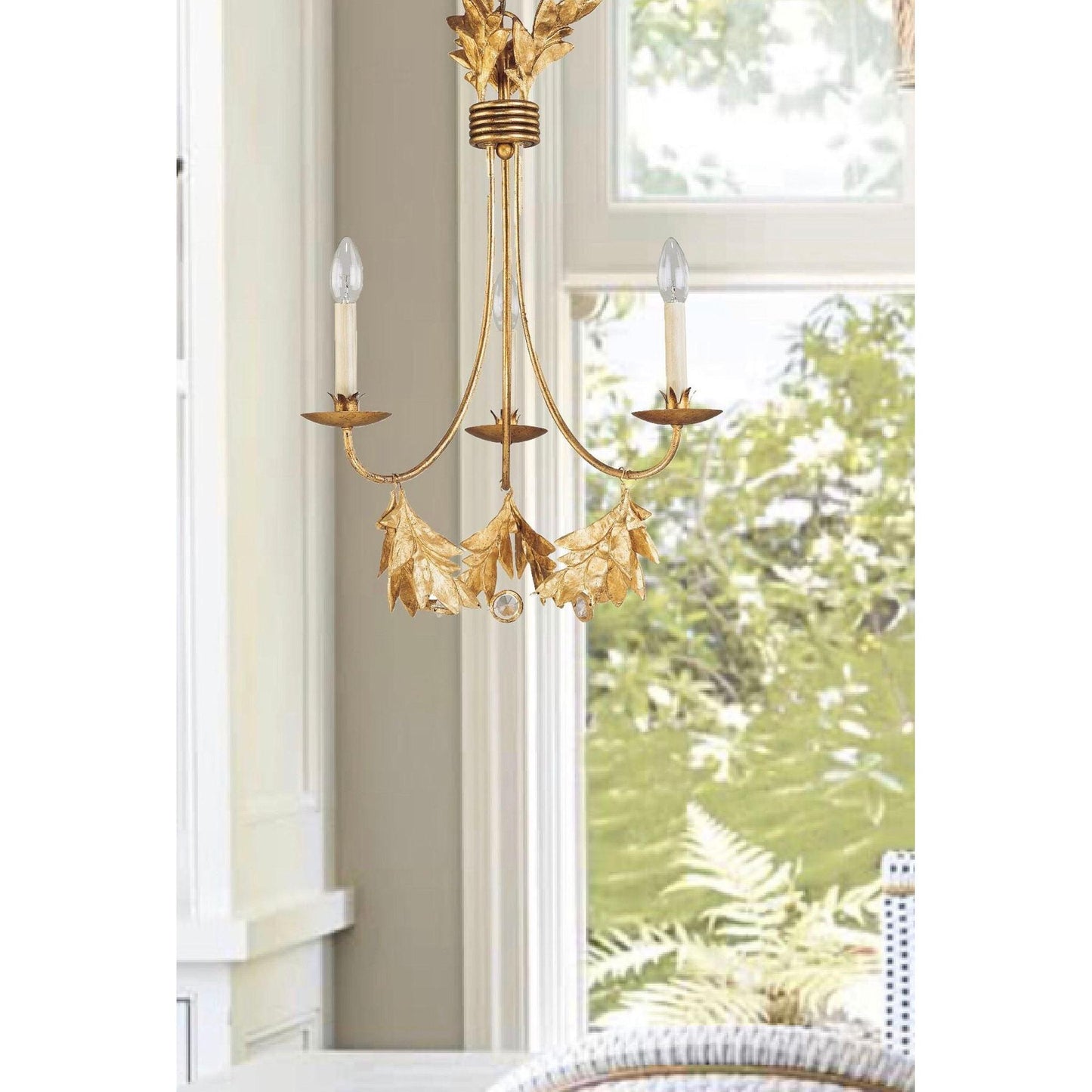 Lucas & McKearn Sweet Olive 3-Light Distressed Gold Chandelier With Gold Leaf and Crystal Accent