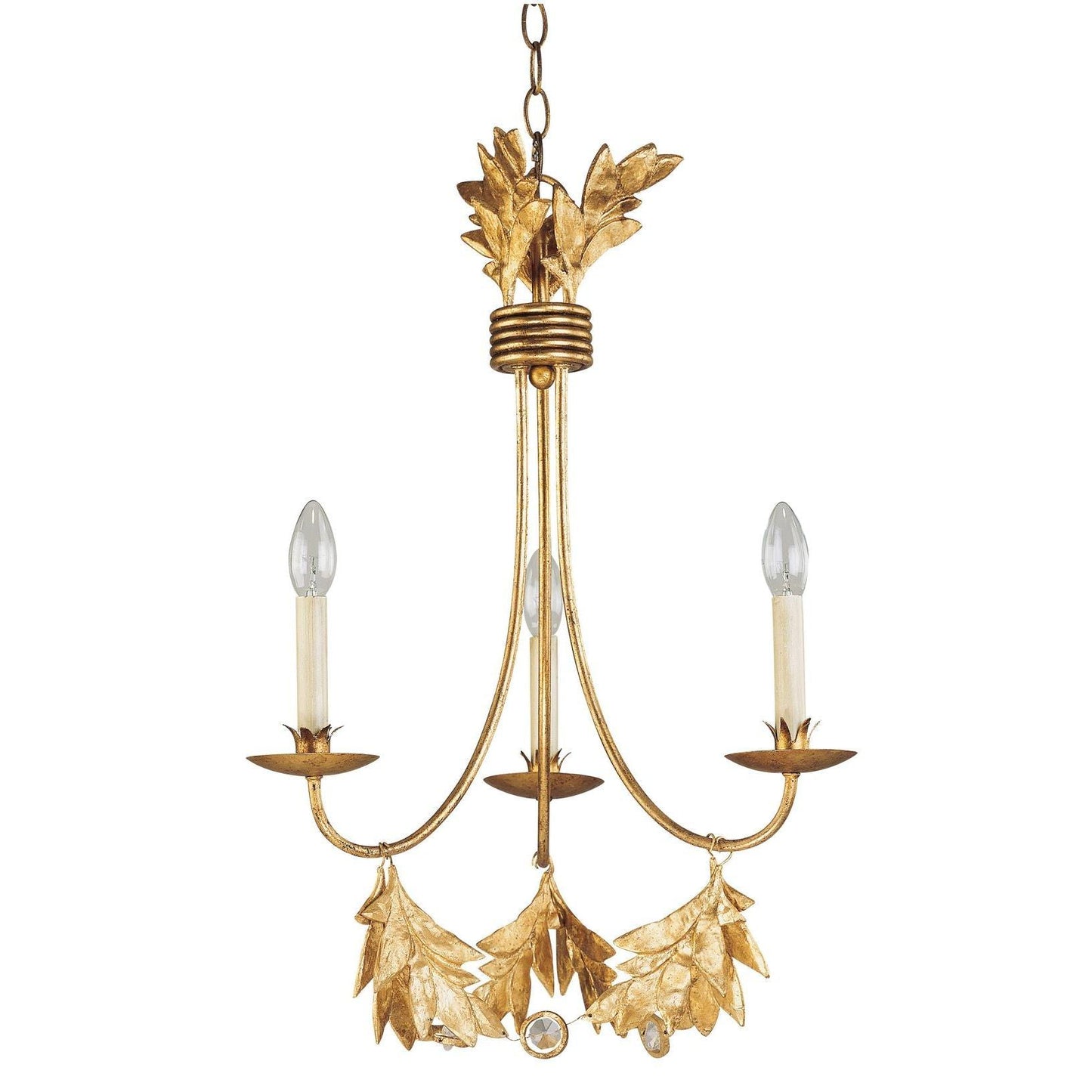 Lucas & McKearn Sweet Olive 3-Light Distressed Gold Chandelier With Gold Leaf and Crystal Accent