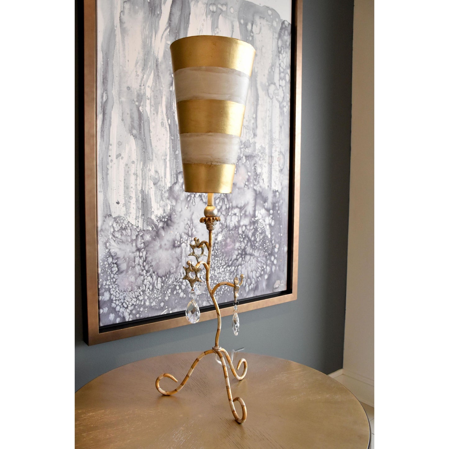 Lucas & McKearn Tivoli 38" Gold Buffet Table Lamp With Cone-Shape Shade and Gold Leaf & Cream Striped Stem