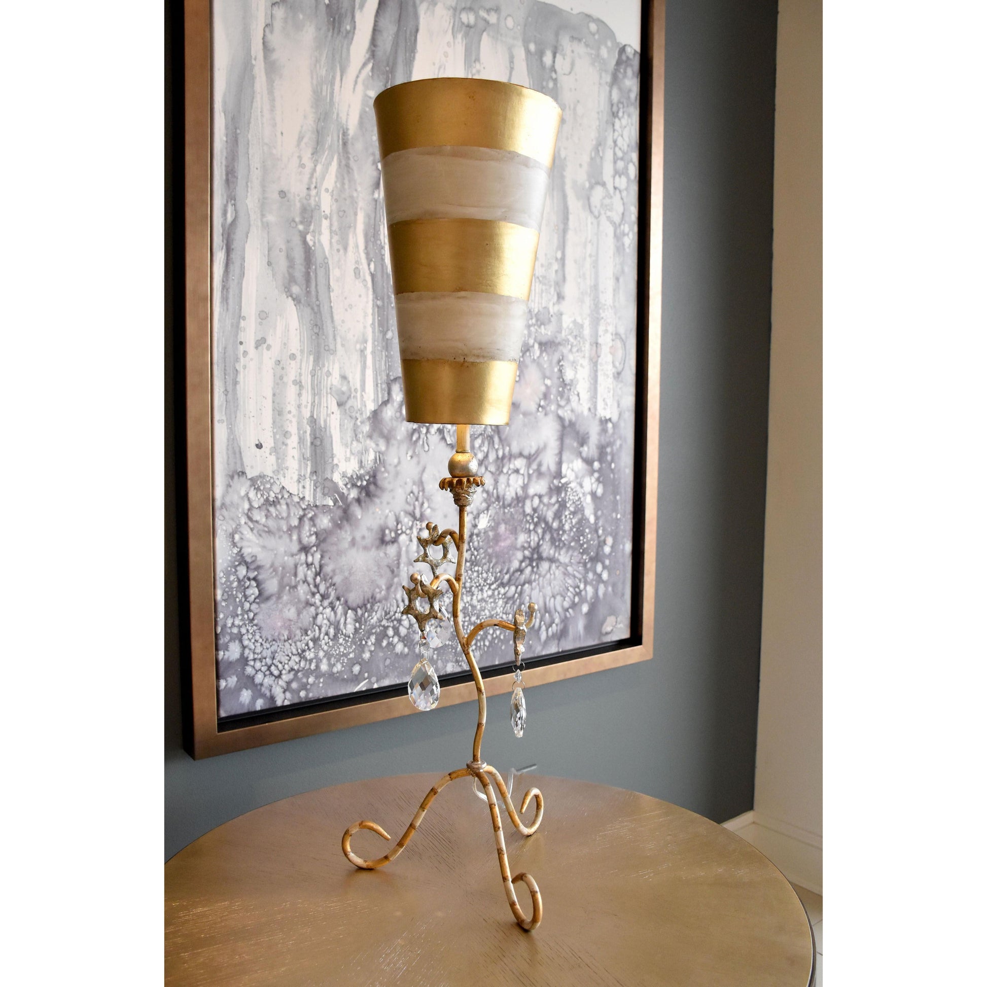 Lucas & McKearn Tivoli 38" Gold Buffet Table Lamp With Cone-Shape Shade and Gold Leaf & Cream Striped Stem