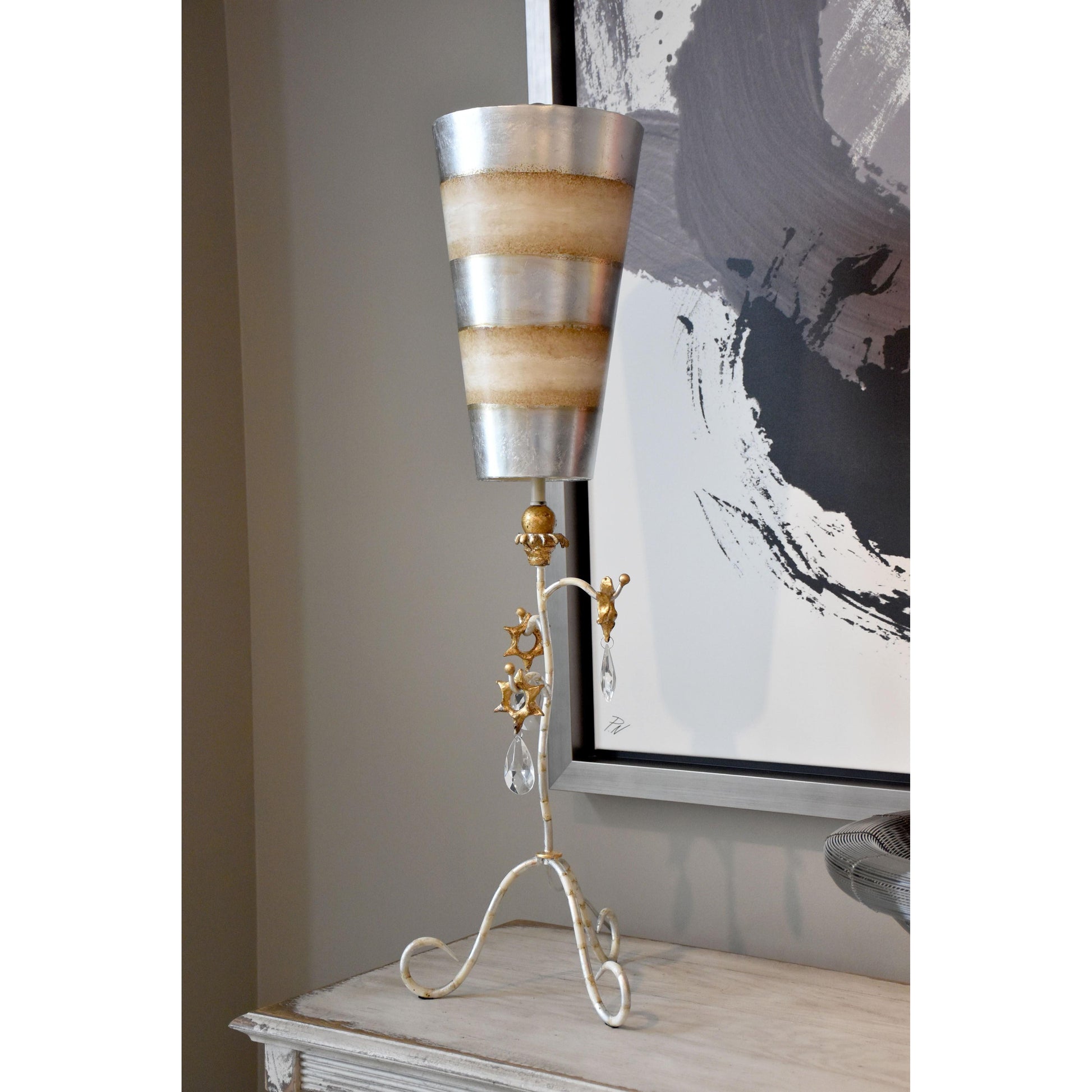 Lucas & McKearn Tivoli 38" Silver Buffet Table Lamp With Cone-Shape Shade and Gold Leaf & Cream Striped Stem