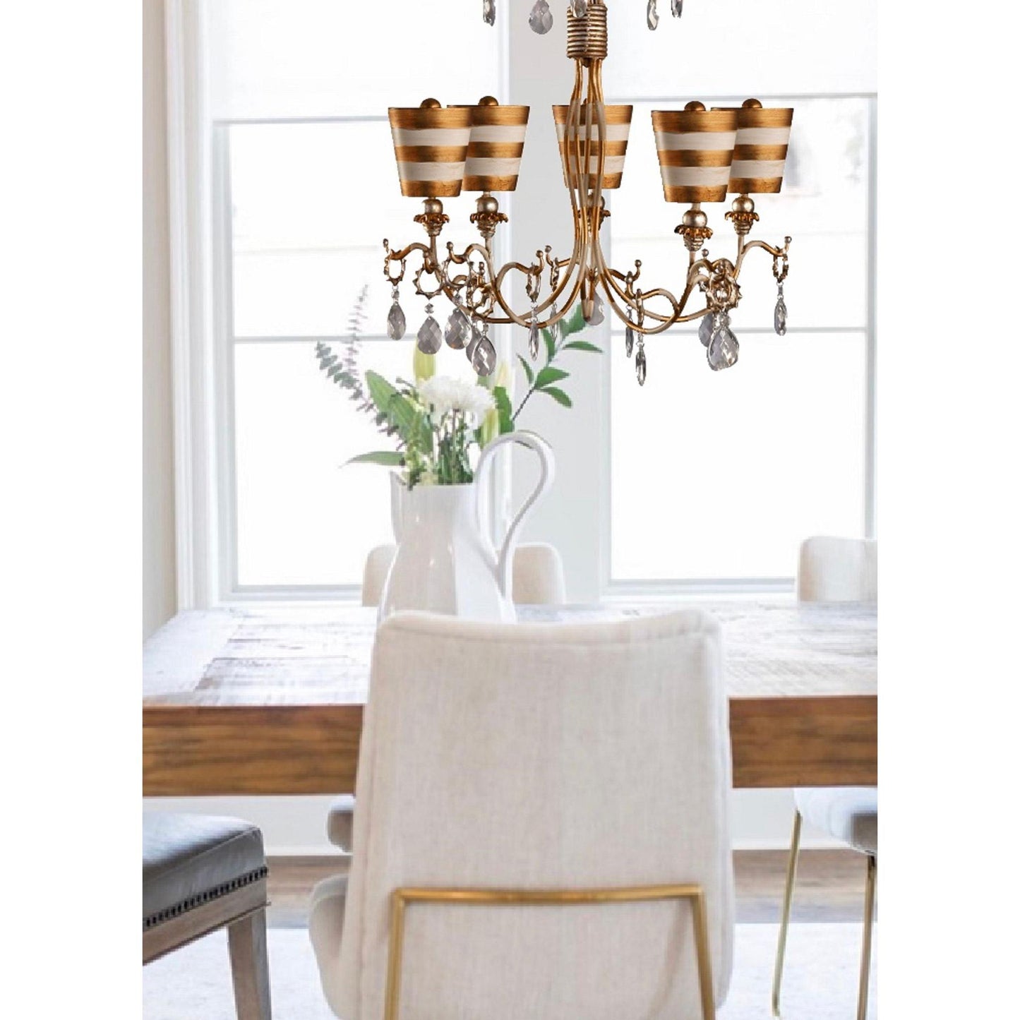 Lucas & McKearn Tivoli 5-Light Gold Chandelier With Inverted Cone-Shaped Cream Striped Shade and Silver Accent