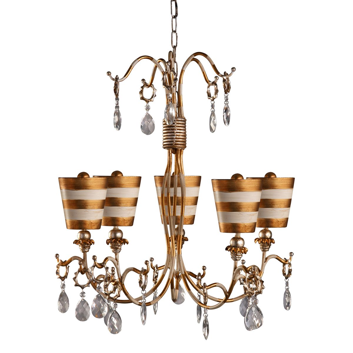 Lucas & McKearn Tivoli 5-Light Gold Chandelier With Inverted Cone-Shaped Cream Striped Shade and Silver Accent