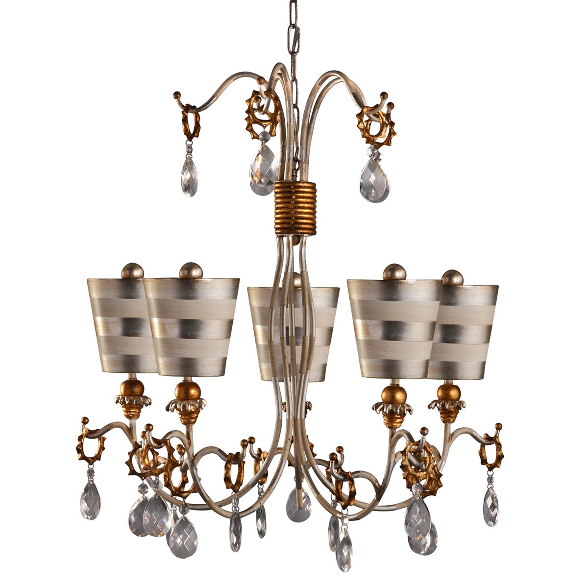 Lucas & McKearn Tivoli 5-Light Silver Chandelier With Inverted Cone-Shaped Cream Striped Shade and Gold Accent
