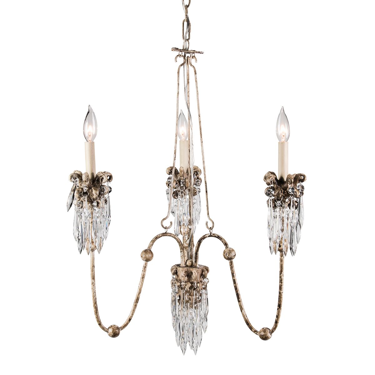 Lucas & McKearn Venetian 3-Light Distressed White Chandelier With Crystal Drop Elements