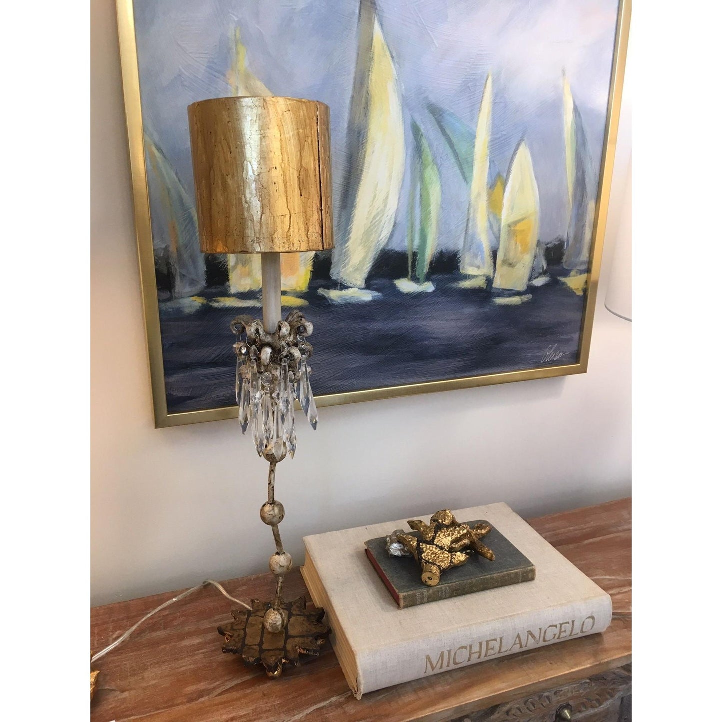 Lucas & McKearn Venetian 30" Distressed Gold Leaf Accent Table Lamp With Drum-Shape Shade and Crystal and Gold Decorative Elements