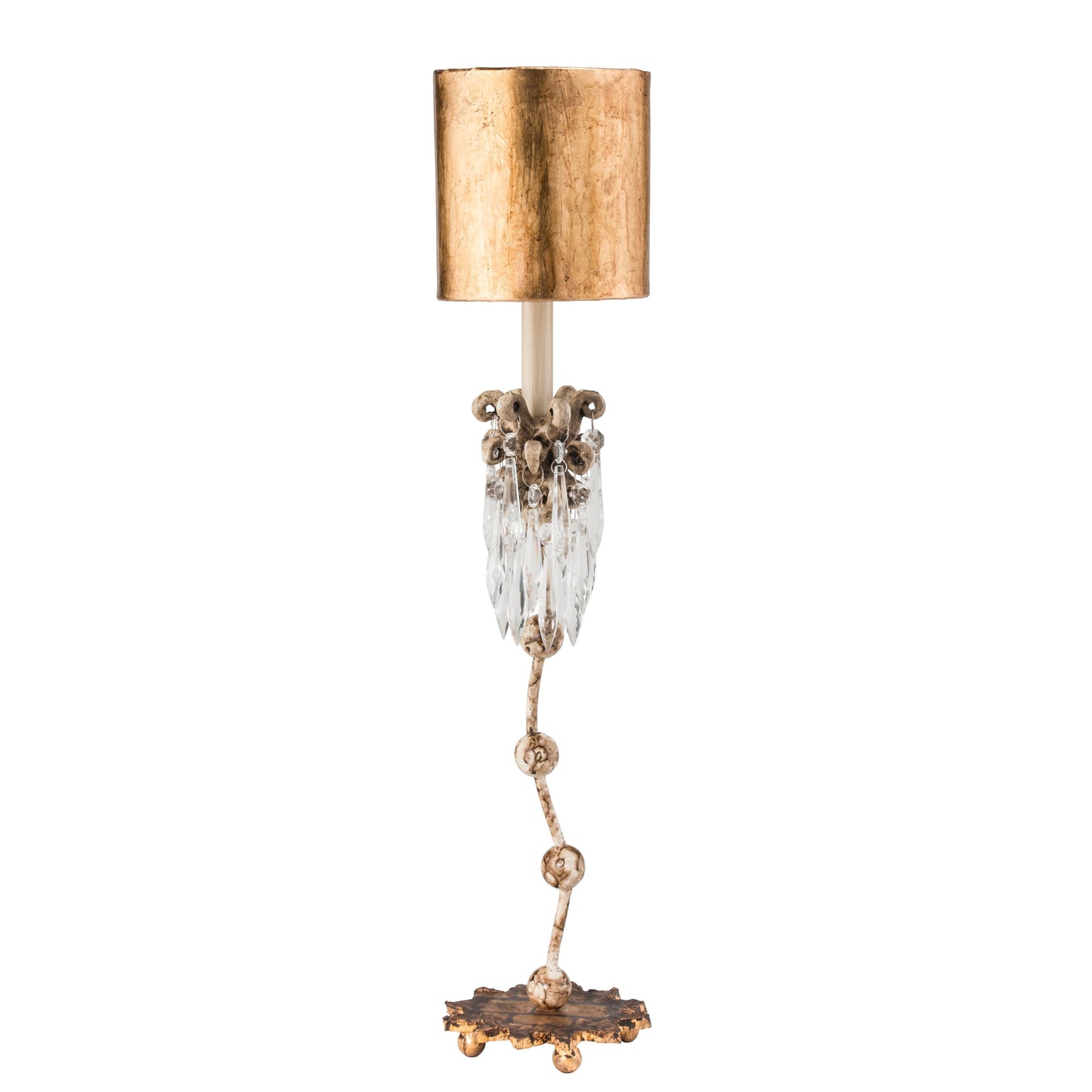 Lucas & McKearn Venetian 30" Distressed Gold Leaf Accent Table Lamp With Drum-Shape Shade and Crystal and Gold Decorative Elements