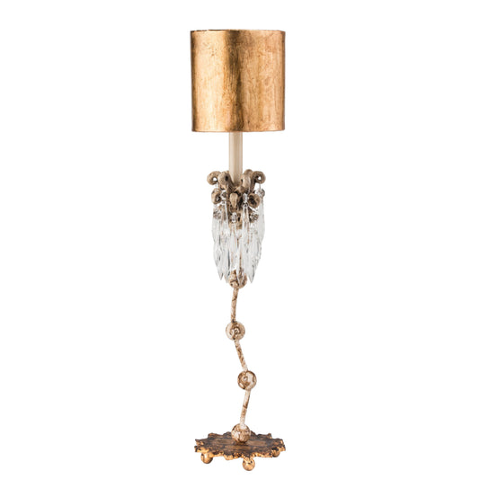 Lucas & McKearn Venetian 30" Distressed Gold Leaf Accent Table Lamp With Drum-Shape Shade and Crystal and Gold Decorative Elements
