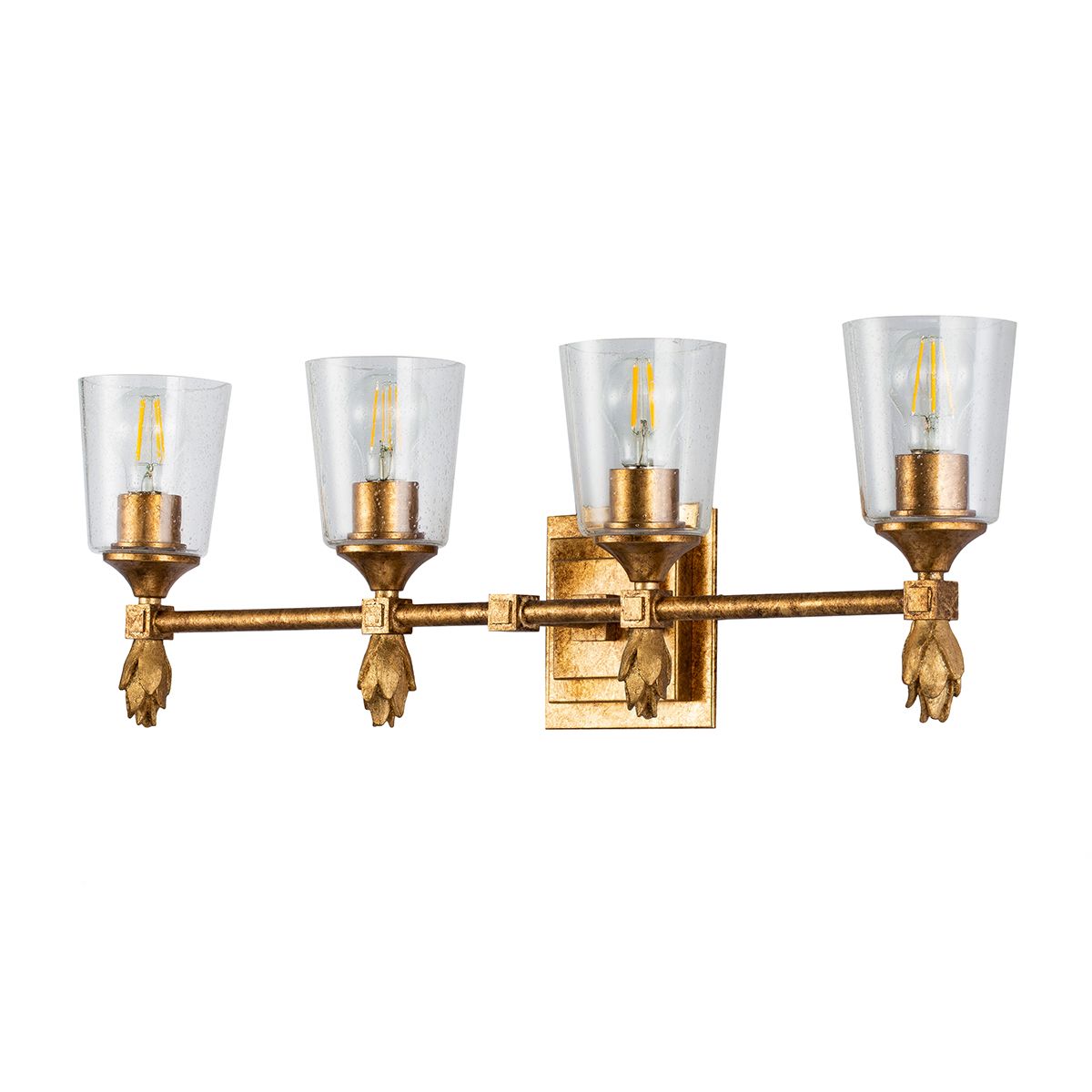 Lucas & McKearn Vetiver 4-Light Antique Gold Leaf Bar Light With Water Glass Shade and Flame Gold Accent