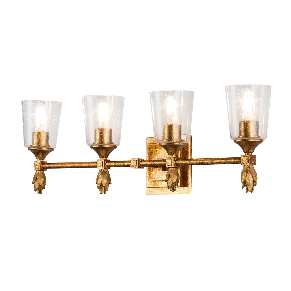 Lucas & McKearn Vetiver 4-Light Antique Gold Leaf Bar Light With Water Glass Shade and Flame Gold Accent