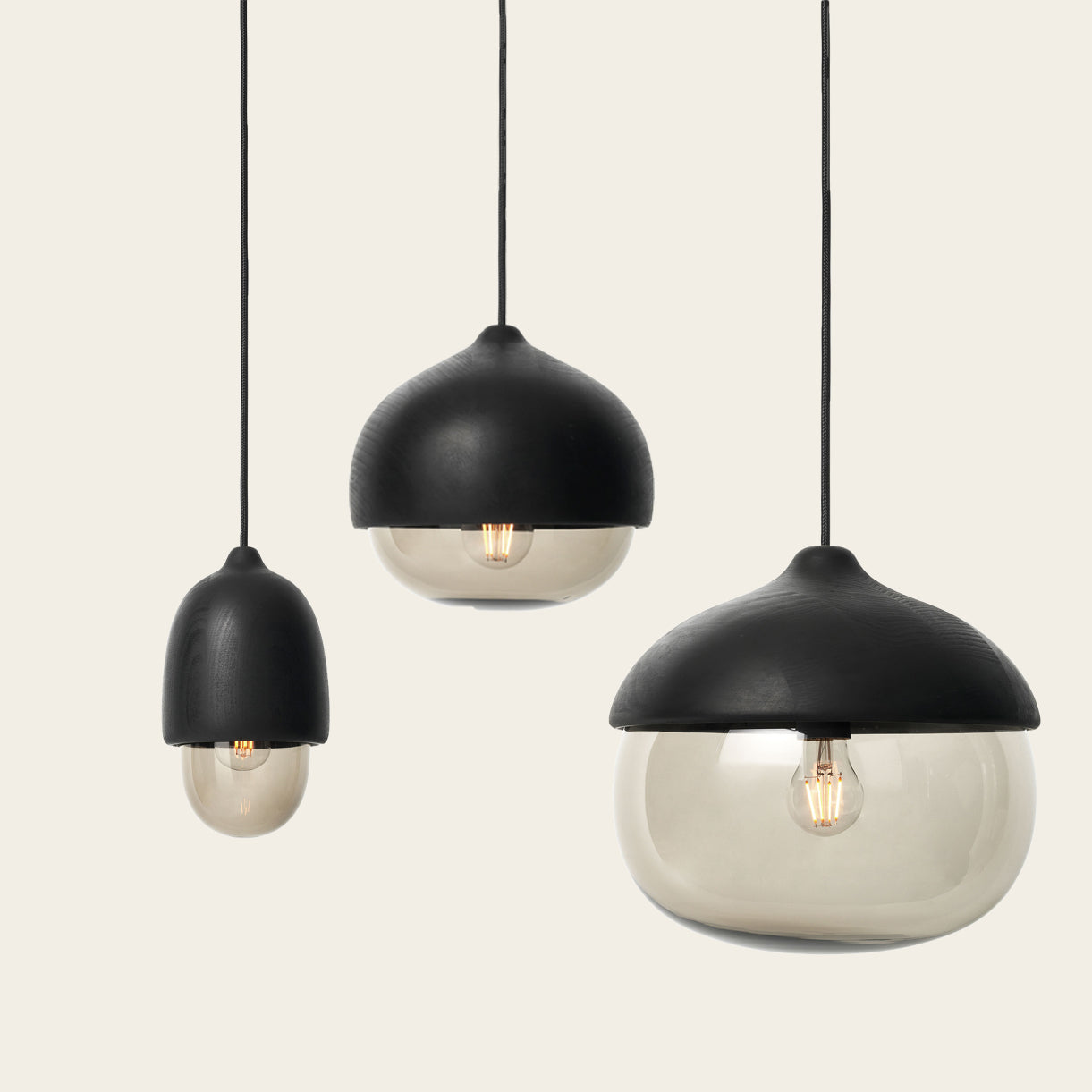 Mater Terho Large Black Lacquered FSC Certified Linden Wood Pendant With Smoked Transparent Glass