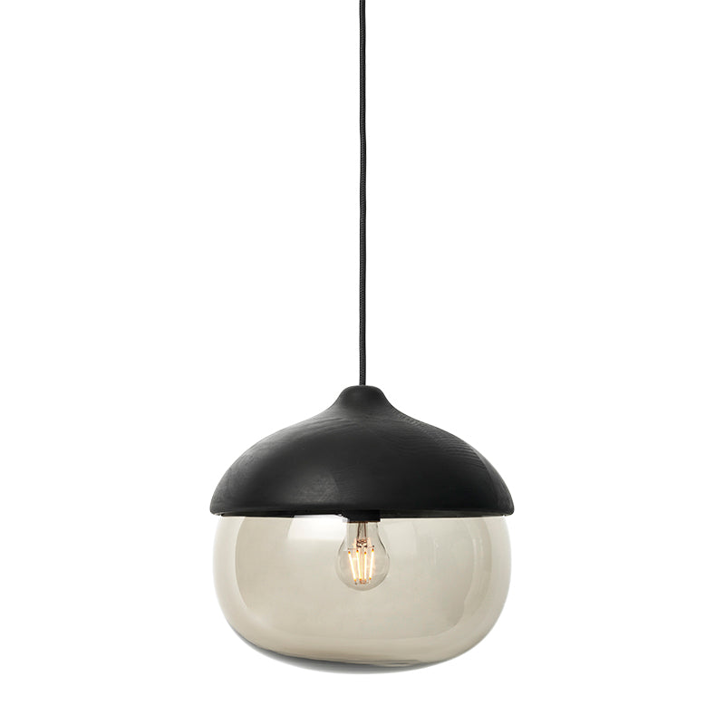 Mater Terho Large Black Lacquered FSC Certified Linden Wood Pendant With Smoked Transparent Glass