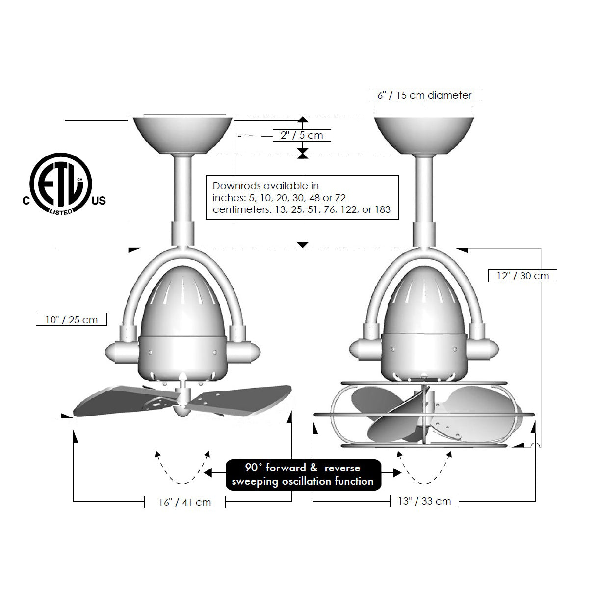 Matthews Fan Company Atlas Diane 13” Single Oscillating Directional Ceiling Fan With 10” Downrod and Metal Blades in Matte Black Finish