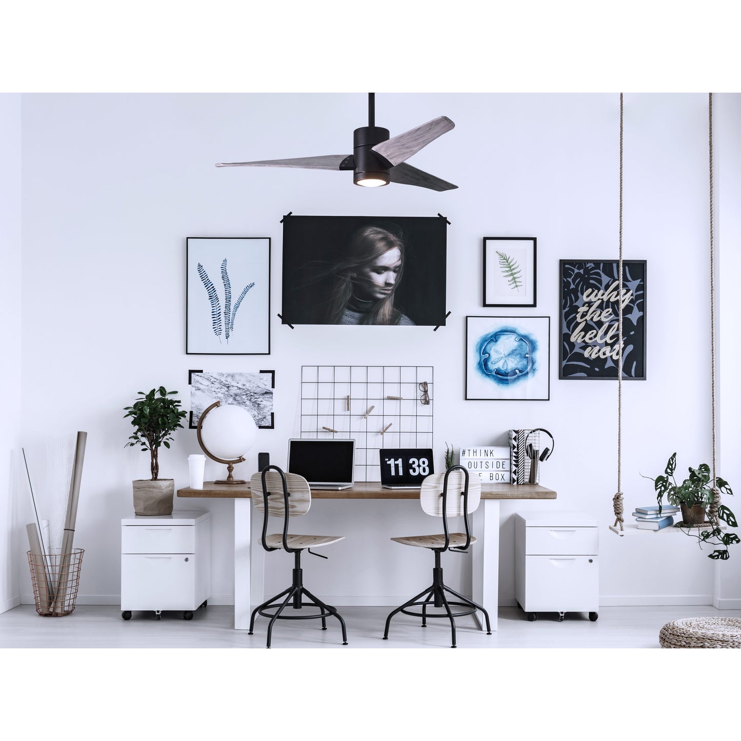 Matthews Fan Company Atlas Super Janet 52" White Ceiling Fan With Solid Wood Blade In Matte Black Finish