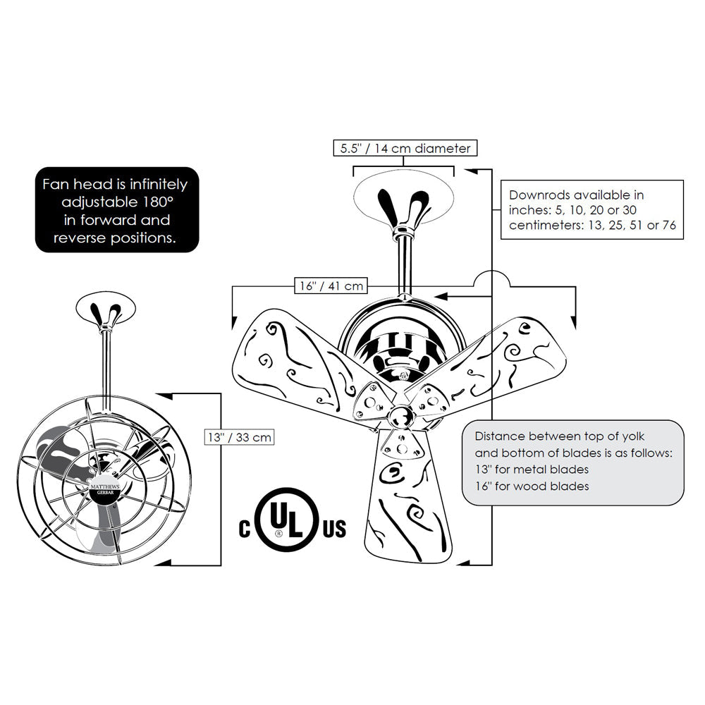 Matthews Fan Company Matthews-Gerbar Bianca Direcional 13" Ceiling Fan With 10" Downrod and Metal Blades in Brushed Nickel Finish