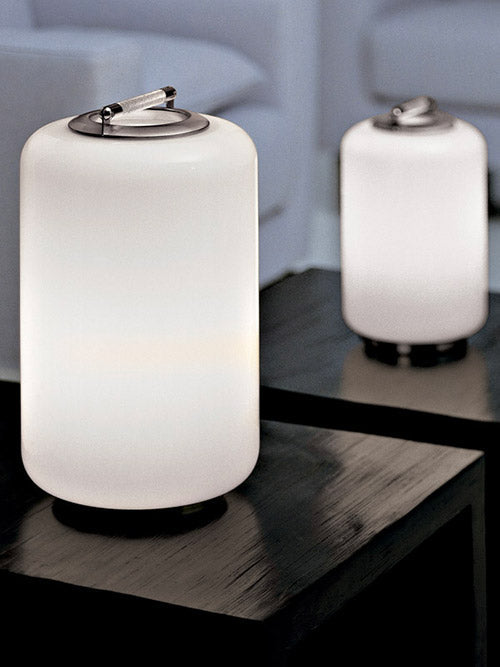 Mazzega 1946 Air Kan 11" x 18" Satin Nickel Table Lamp With White Glass Shade