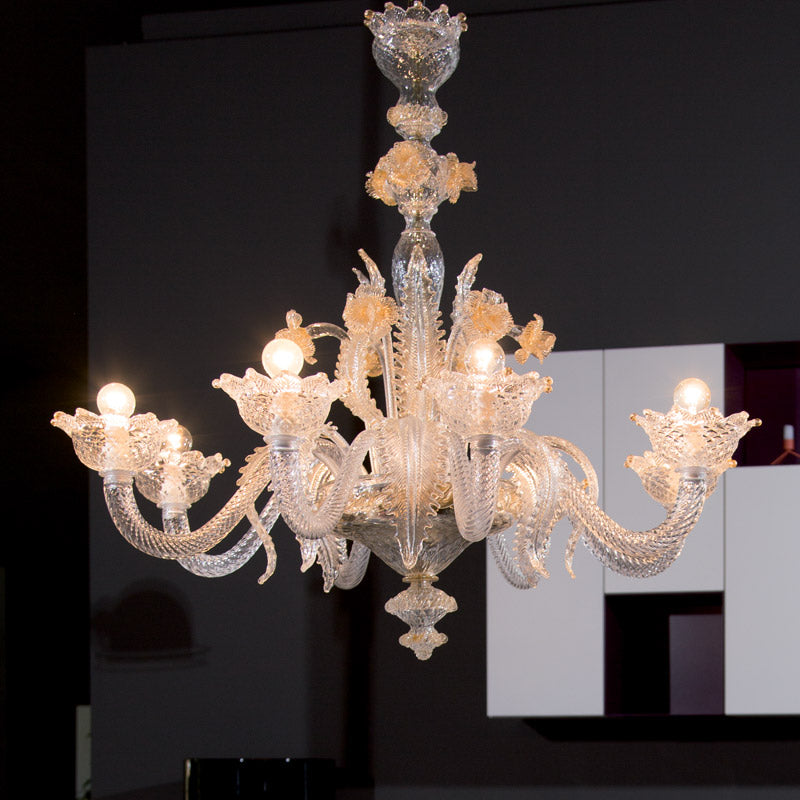 Mazzega 1946 Burano Pendant Light in Transparent Crystal Gold Finish