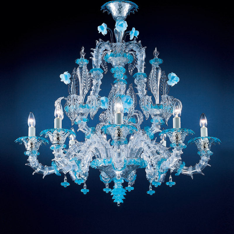 Mazzega 1946 Murano 37" x 39" Chandelier in Transparent Light Blue Finish