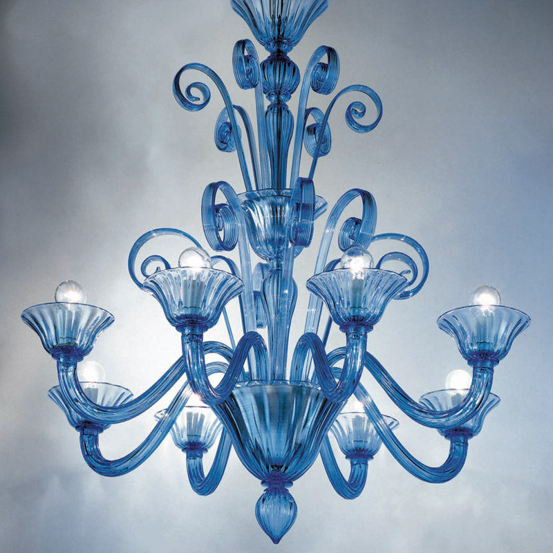Mazzega 1946 Treporti 8-Light Chandelier Light in Transparent Light Blue Finish