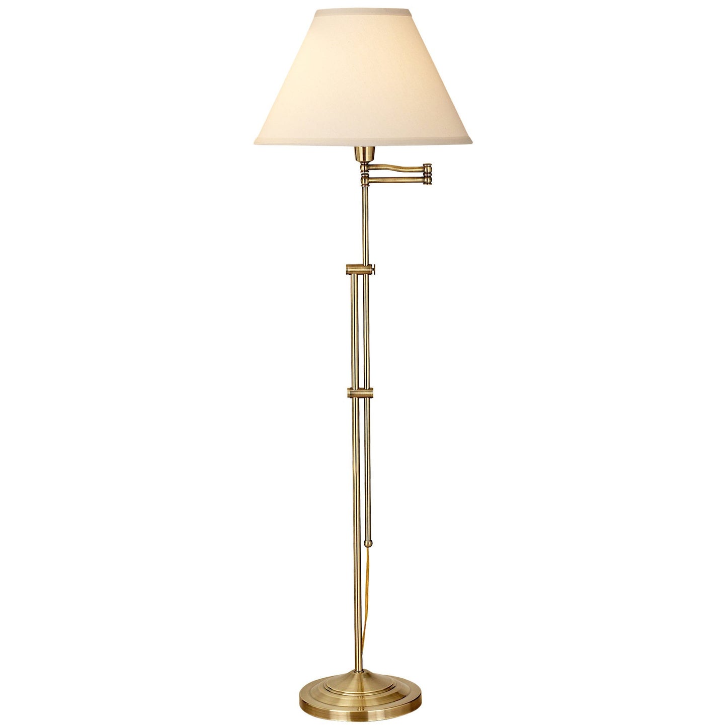 Medallion Lighting 47-63" Antique Brass Adjustable Swing Arm Steel Floor Lamp With Light Beige Fabric Bell Shade