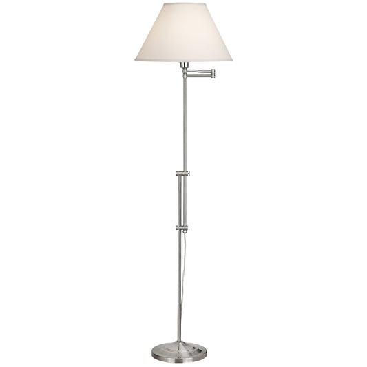 Medallion Lighting 47-63" Brushed Steel Adjustable Swing Arm Steel Floor Lamp With White Fabric Bell Shade