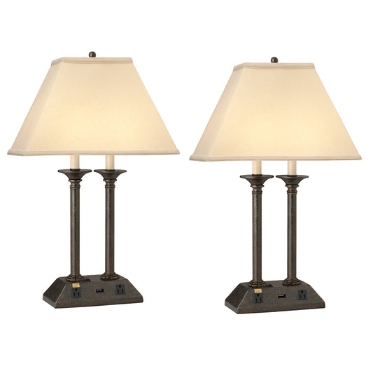 Medallion Lighting Abbro 26" Hammertone Bronze Steel Desk Lamp With USB Port, 3-Prong Outlets and Light Beige Fabric Rectangular Shade - Set of 2