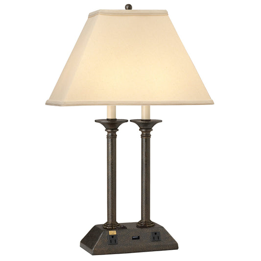 Medallion Lighting Abbro 26" Hammertone Bronze Steel Desk Lamp With USB Port, 3-Prong Outlets and Light Beige Fabric Rectangular Shade