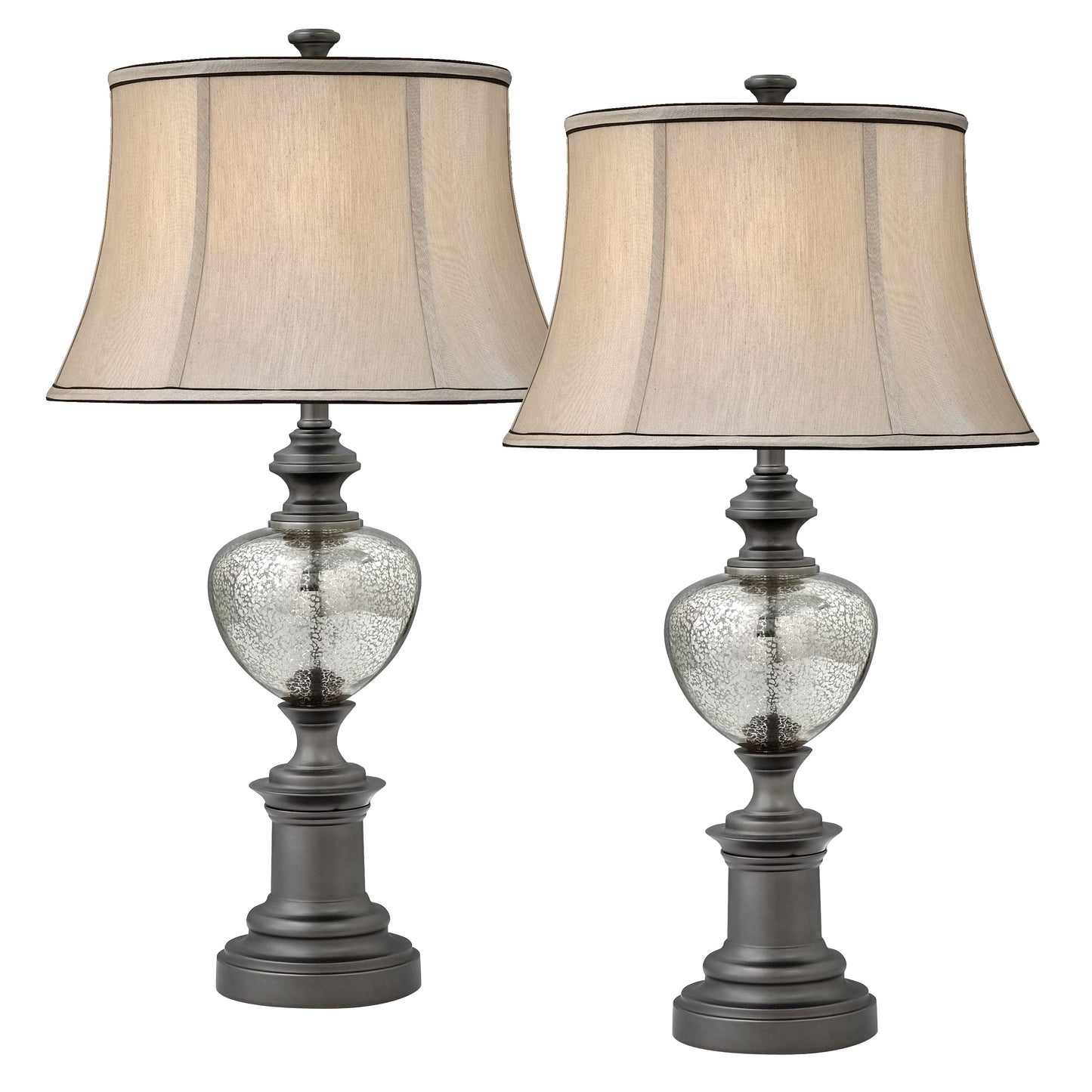 Medallion Lighting Acerra 30" Gunmetal and Mercury Glass Steel Table Lamp With Grey Silk Drum Shade - Set of 2