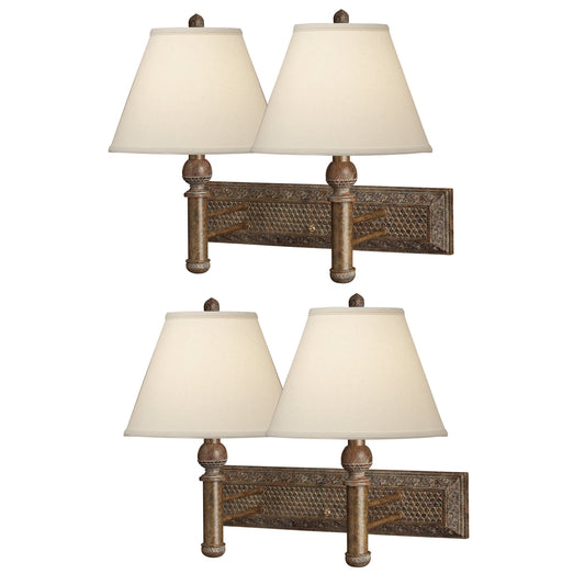Medallion Lighting Acorn 19" Weathered Wood Resin/Steel Double Wall Lamp With Light Beige Fabric Bell Shade - Set of 2