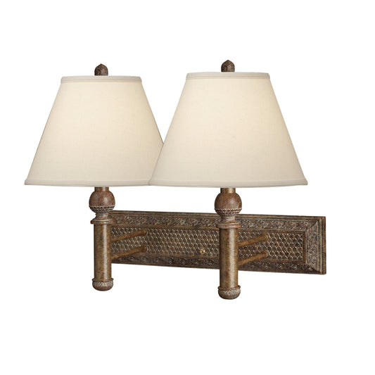 Medallion Lighting Acorn 19" Weathered Wood Resin/Steel Double Wall Lamp With Light Beige Fabric Bell Shade