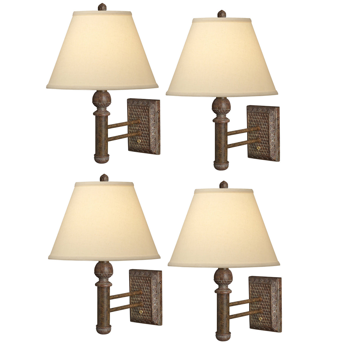 Medallion Lighting Acorn 19" Weathered Wood Resin/Steel Single Wall Lamp With Light Beige Fabric Bell Shade - Set of 4