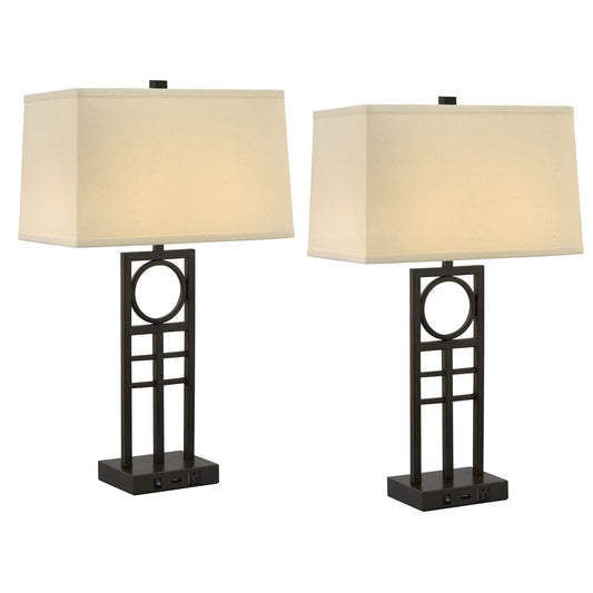 Medallion Lighting Anello 29" Hammertone Bronze Steel Single Nightstand Lamp With USB Port, 3-Prong Outlets and Light Beige Linen Rectangular Shade - Set of 2