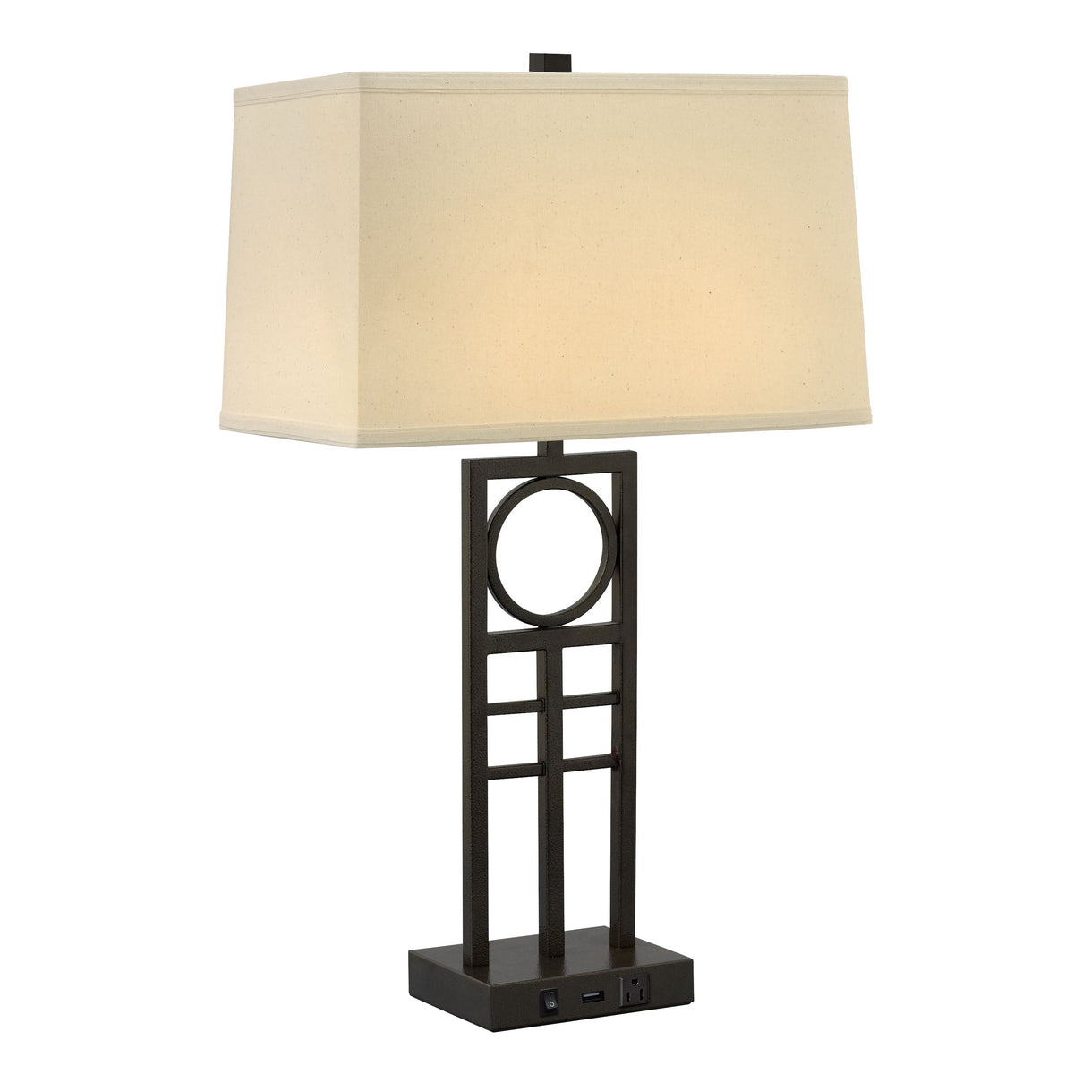 Medallion Lighting Anello 29" Hammertone Bronze Steel Single Nightstand Lamp With USB Port, 3-Prong Outlets and Light Beige Linen Rectangular Shade