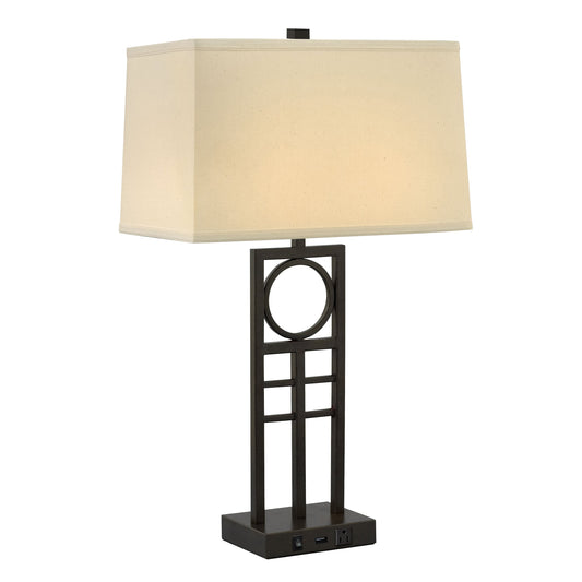 Medallion Lighting Anello 29" Hammertone Bronze Steel Single Nightstand Lamp With USB Port, 3-Prong Outlets and Light Beige Linen Rectangular Shade