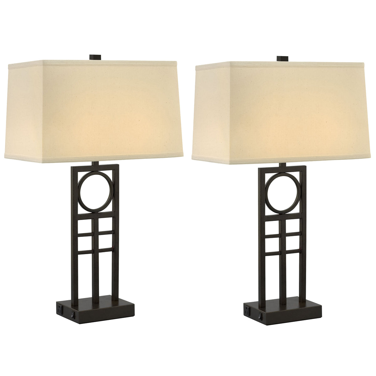 Medallion Lighting Anello 29" Hammertone Bronze Steel Twin-light Double Nightstand Lamp With 3-Prong Outlets and Beige Linen Rectangular Shade - Set of 2