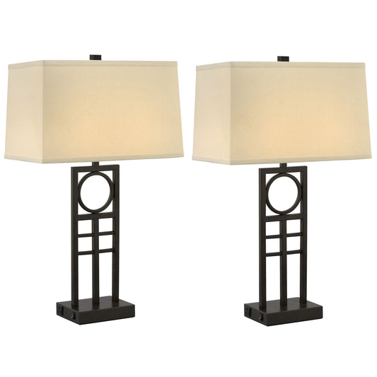 Medallion Lighting Anello 29" Hammertone Bronze Steel Twin-light Double Nightstand Lamp With 3-Prong Outlets and Beige Linen Rectangular Shade - Set of 2