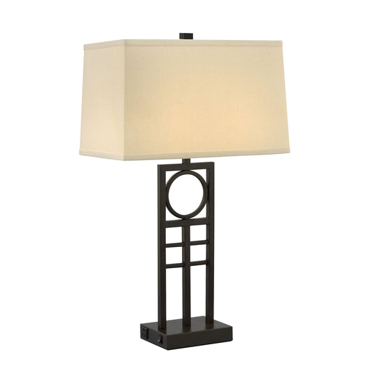 Medallion Lighting Anello 29" Hammertone Bronze Steel Twin-light Double Nightstand Lamp With 3-Prong Outlets and Beige Linen Rectangular Shade