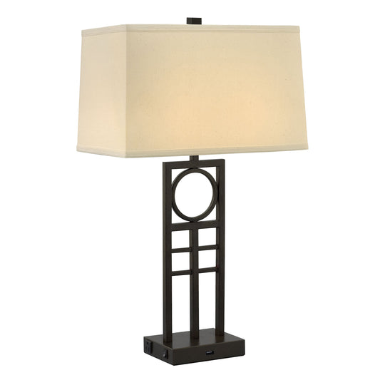 Medallion Lighting Anello 29" Hammertone Bronze Steel Twin-light Double Nightstand Lamp With USB Port, 3-Prong Outlets and Beige Linen Rectangular Shade