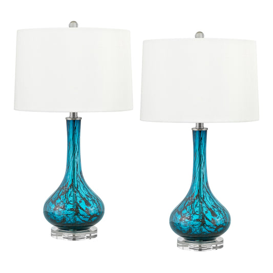 Medallion Lighting Aversa 27" Teal and Black Fused Glass Table Lamp With White Fabric Drum Shade - Set of 2